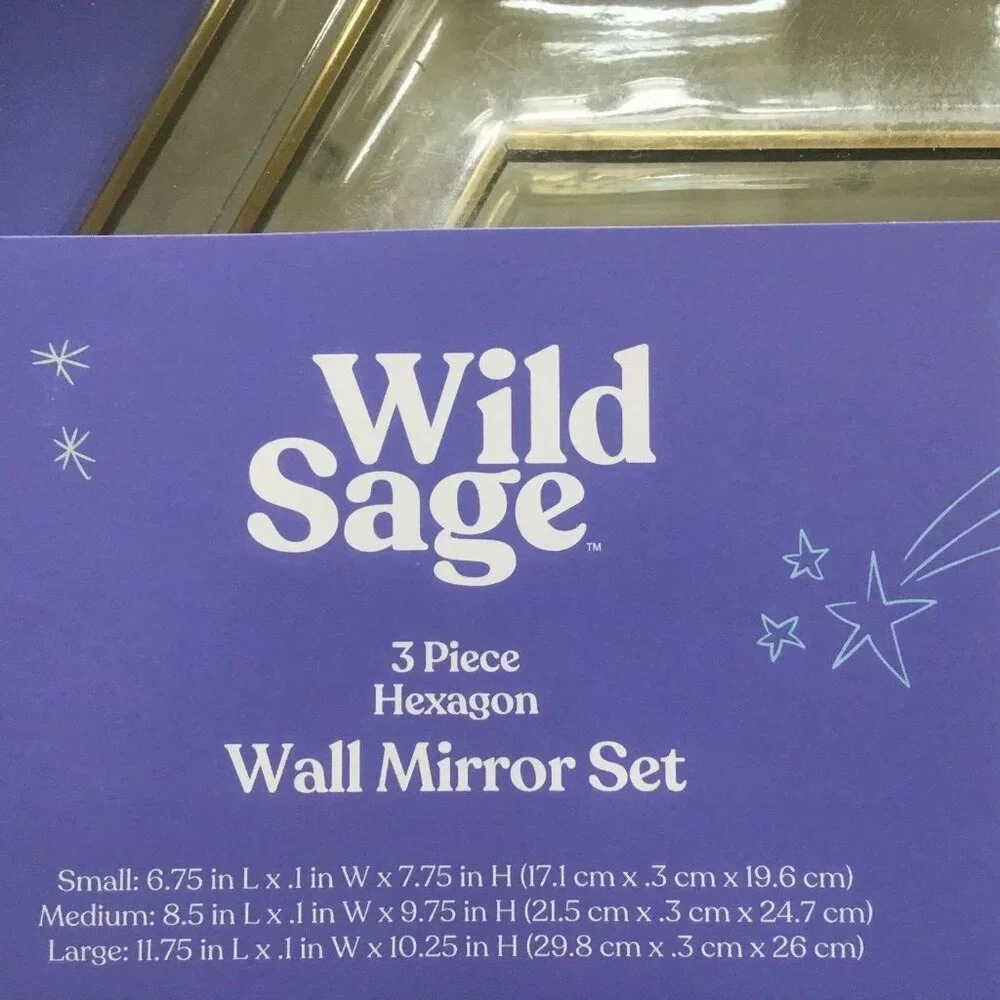 new Set of 3 Wild Sage Hexagon Gold-tone Wall Mirrors with Chains